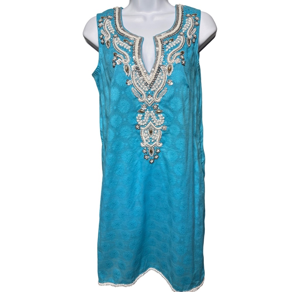 SULU COLLECTION Womens Blue Beaded Sequin Tunic Dress S Glam Regencycore Resort